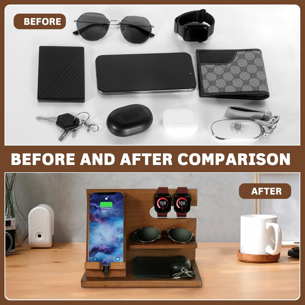AliveByte Fathers Day for Dad, Dad Birthday Gifts, Wood Phone Docking Station, Nightstand Organizer, Gifts for Dad