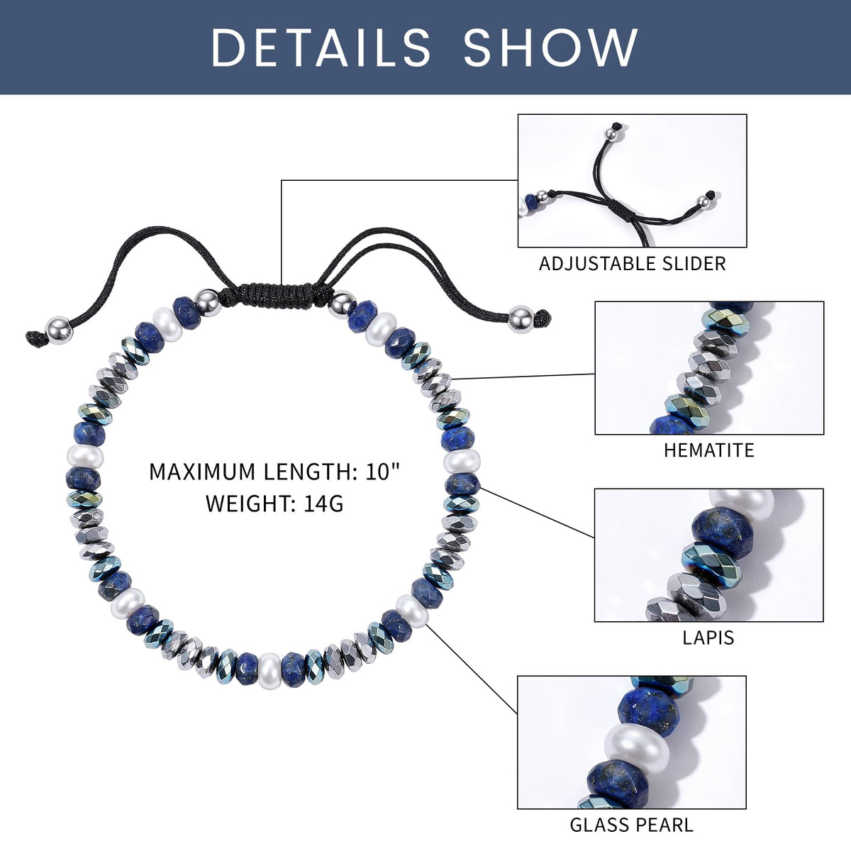Holamonte Natural Stone Beaded Bracelets for Men, Tigereye Bead Link Bracelet, Adjustable Retractable Cord, Men's Chakra Protection Lapis Hematite Glass Pearl Bracelet, Ideal Gift (Blue)