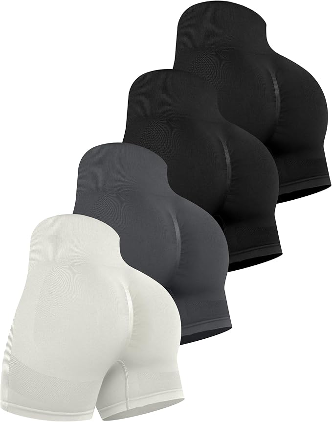 CHRLEISURE Women's 4 Packs Workout Gym Shorts, High Waisted Butt Lifting Scrunch Butt Seamless Booty Shorts
