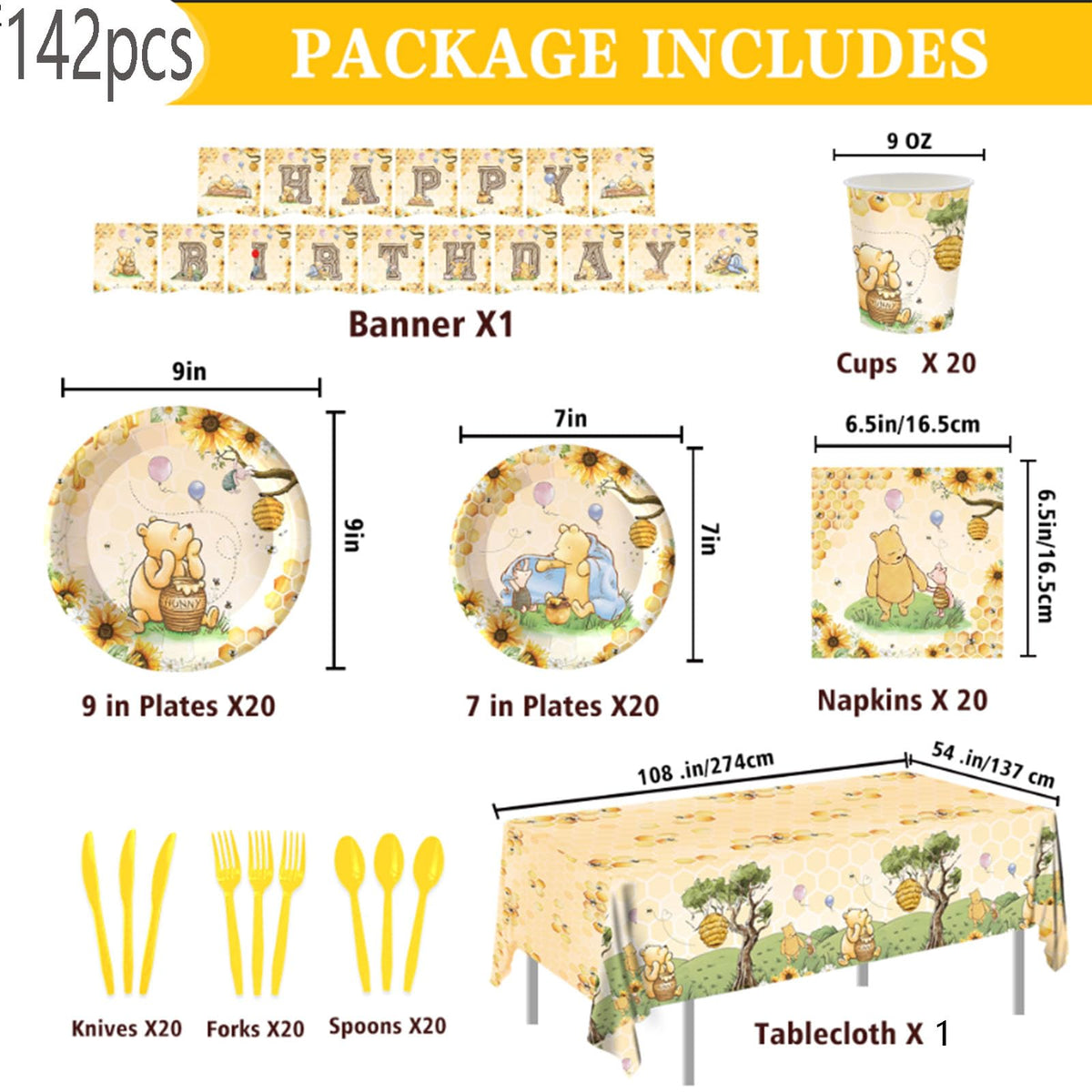 WISSLERMER 142pcs Classic Bear Baby Shower Decorations Baby Shower Party Tableware with Plates, Napkin, Forks, Cups Banner And Tablecloth for Birthday Party Supplies Set Serves 20 Guests (Yellow)