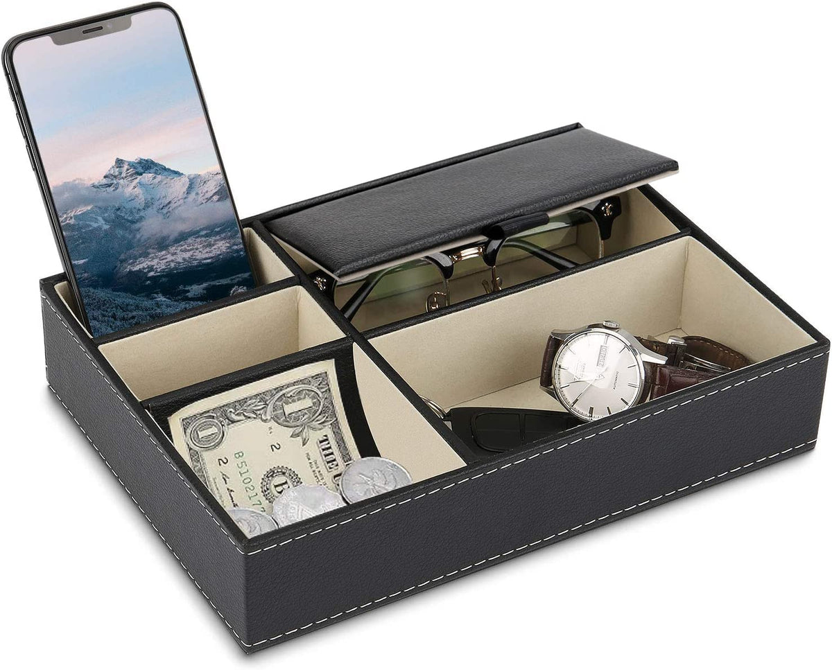 Baoyun Mens Valet Tray Organizer, Mens Jewelry Box, Nightstand Organizer for Men with 5 compartments, Faux Leather Key Tray for Entryway Table, Bedside Storage for Watch, Coin, Phone Gifts for Men