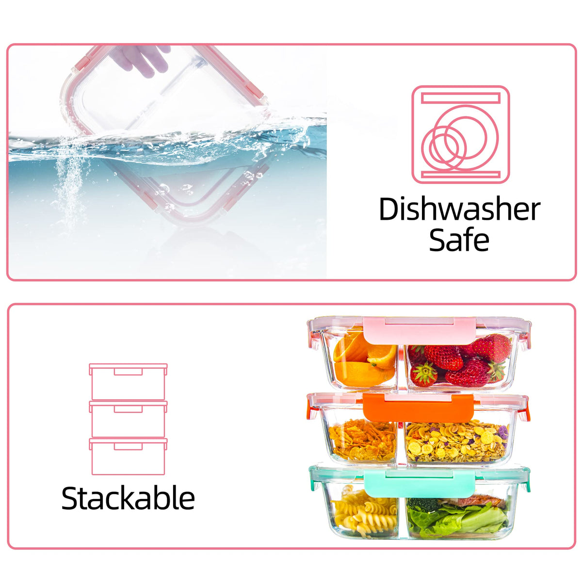 CZUMJJ Glass Meal Prep Containers 2 Compartment with Lids (5 Pack, 34oz), Divided Glass Storage Containers for Lunch at Work, Leak-Proof Portion Control Food Containers, Microwave/Dishwasher Safe