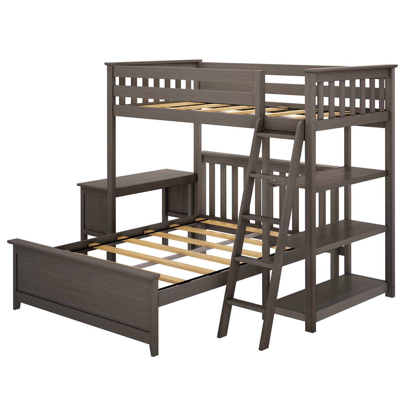 Max & Lily Bunk Bed, L Shape Twin-Over-Full Bed Frame For Kids With Bookcase and Desk, Clay