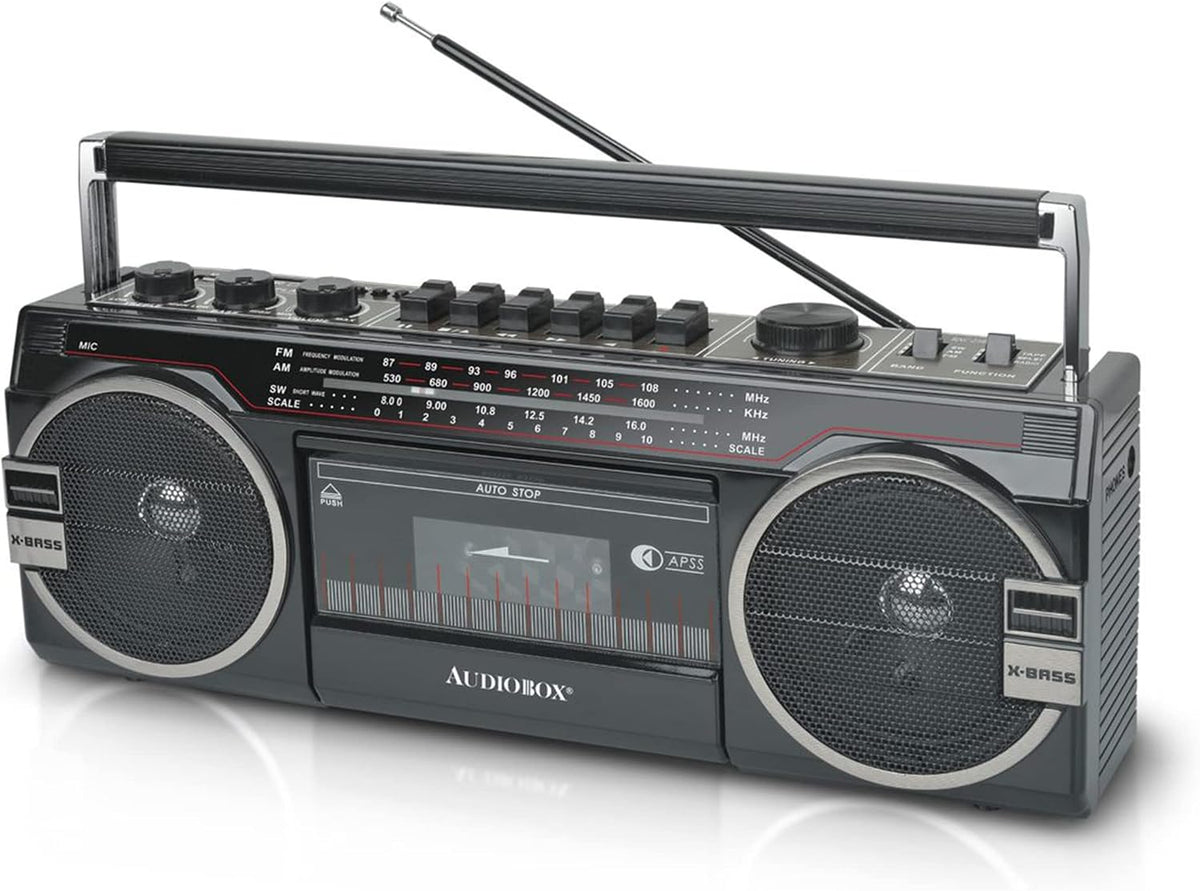 Audiobox 2 MP3 Cassette 3.5mm Retrobox Bluetooth Boombox Speaker - Way Boombox System with AM/FM/SW Radio, Playback