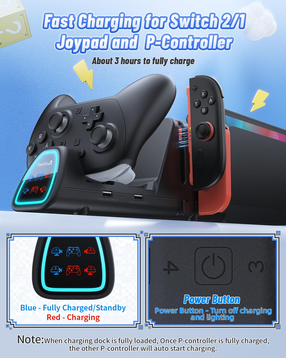 FASTSNAIL [Switch 1/2 Compatible] Controller Charging Dock for Nintendo Switch 2/1 for Joycon 2, 10 in 1 Fast Controller Charger Station Stand for Pro Controller 2/1 with 11 RGB Modes, LED Indicator
