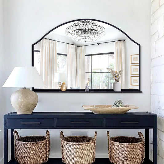 Chende 47''x32'' Large Wall Mirrors for Decor, Black Bathroom Mirror with Removable Shelf, Elegant Scallopd Mirror with Arched Frame for Entryway, Living Room, Mantel, Bedroom