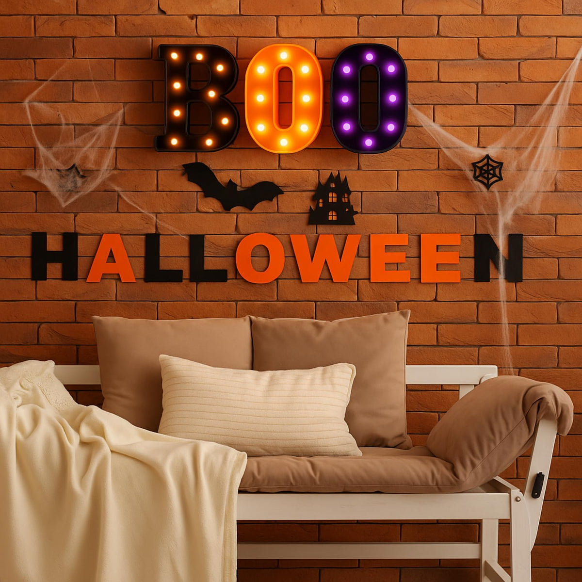 Grinsvalley Halloween Decorations Set Include 3 Boo Marquee LED Light up Letters with 72 Pcs Halloween 3D Bat Stickers Decor Boo Signs Light for Home Fireplace Room Desk Mantel Wall Table Party