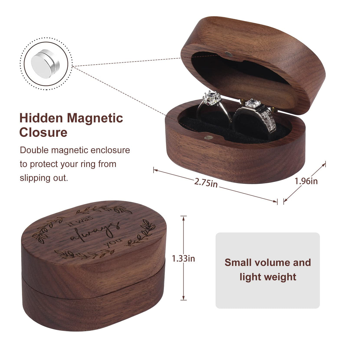 Booinxaa Wedding Ring Box for Proposal, Engagement Ring Holder Gift for Wedding Day, Handmade Wooden Rustic Ring Storage Box Engagement Gift