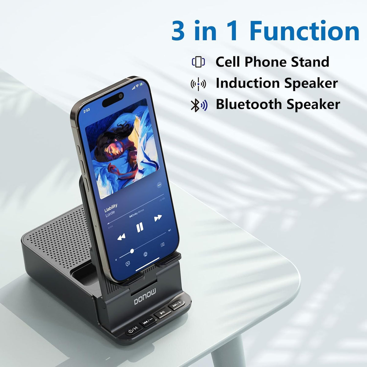 DONOW Wireless Induction Bluetooth Speaker with Cell Phone Stand, HD Surround Stereo Sound Foldable Phone Holder
