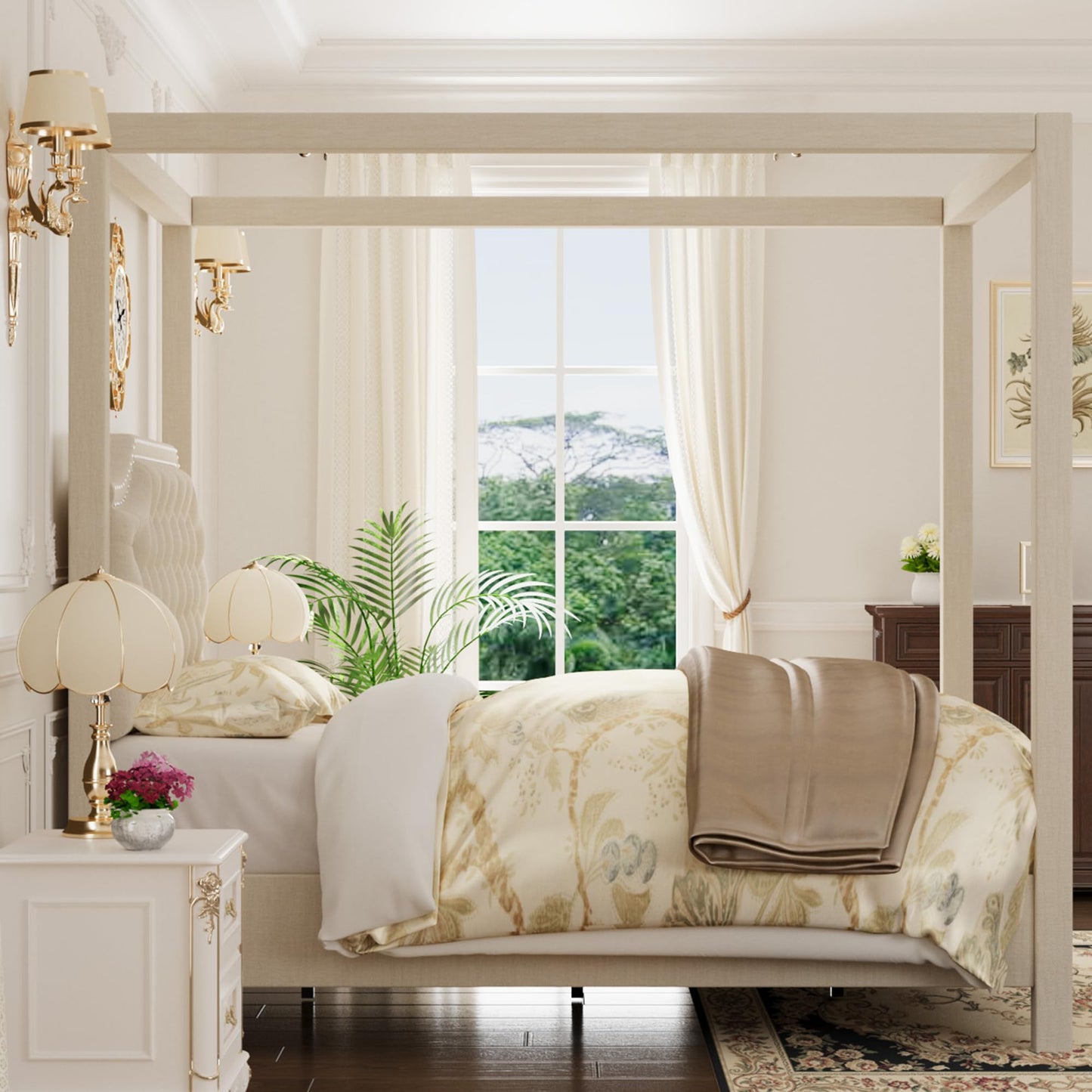 IDEALHOUSE Queen Size Canopy Bed Frame with Nailhead Decoration Headboard，Upholstered Bed Frame with Poles 4 Corner Bed Bracket,Solid Wood Slats Support,No Box Spring Needed,Noise Free,Beige