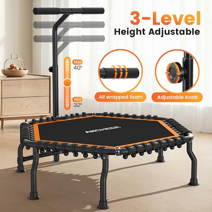 ANCHEER 50" Rebounder Trampoline for Adults- 2025 Foldable Mini Trampoline with Bar- Exercise Trampoline for Adults, Max Load 560lbs, for Indoor/Garden Workout