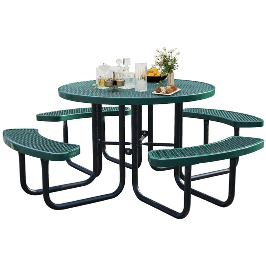 Sunnibety 8-Person Picnic Tables for Outdoors, Industrial 46" Expanded Metal Round Picnic Table with 4 Benches & Umbrella Hole, Outside Table and Bench Set for Park, Garden, Backyard, Patio, Green