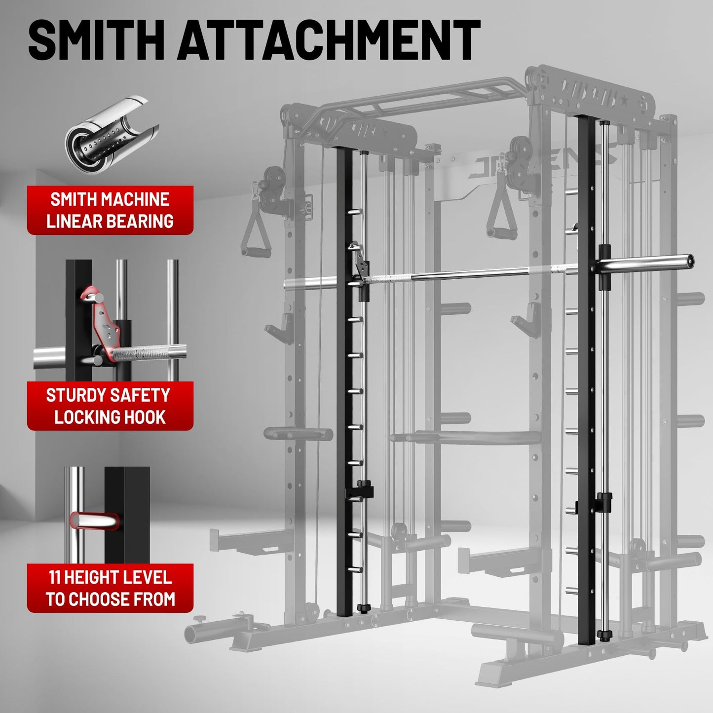 JELENS Smith Machine for Home Gym, Multi-Function M12 Power Cage, Squat Rack with Smith Bar and More Attachment (Black, 230LB Black Weights Package)