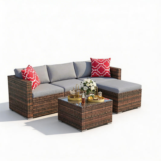 GarveeTech 5 Pieces Patio Furniture Set, All Weather Wicker Rattan Sectional Sofa,Outdoor Patio Furniture Set with Washable Cushions for Garden, Backyard, Porch, Poolside (Brown&Grey) ﻿