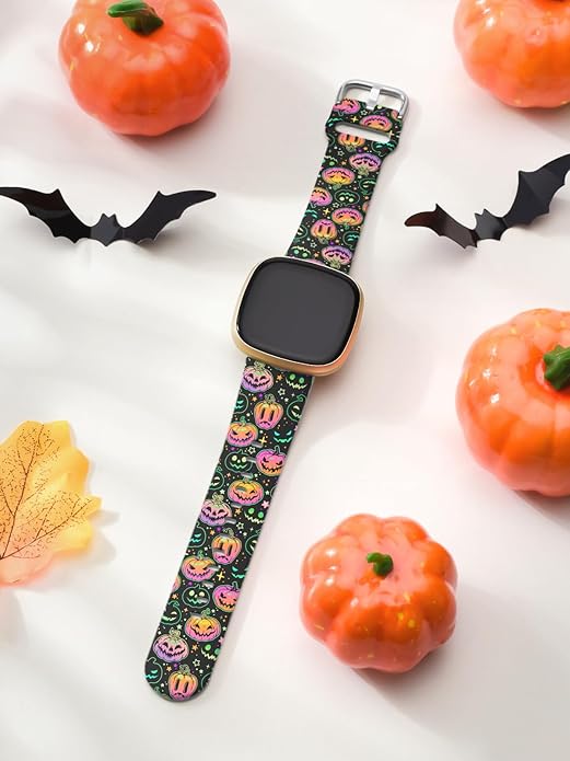 Watbro Halloween Holiday Band Compatible with Fitbit Versa 3 / Sense/Fitbit Versa 4 / Sense 2 Bands for Women Men,Soft Silicone Cute Sport Pumpkin Strap