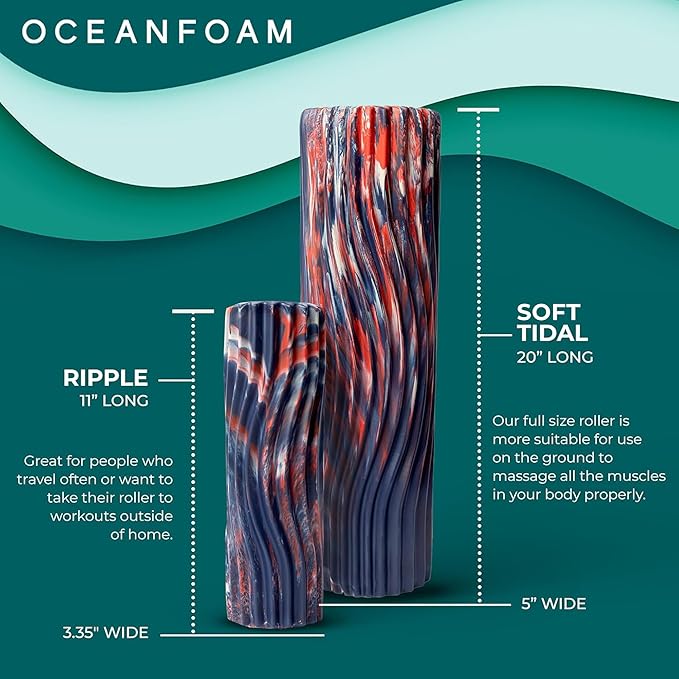 Oceanfoam Soft Tidal Roller (Dark Navy, Red and Natural Marbled) - Low Density Foam Roller for Physical Therapy, Back Pain, Exercise & Stretching - Wave Textured - Yoga, Wellness - Full Size, 20" x 5"