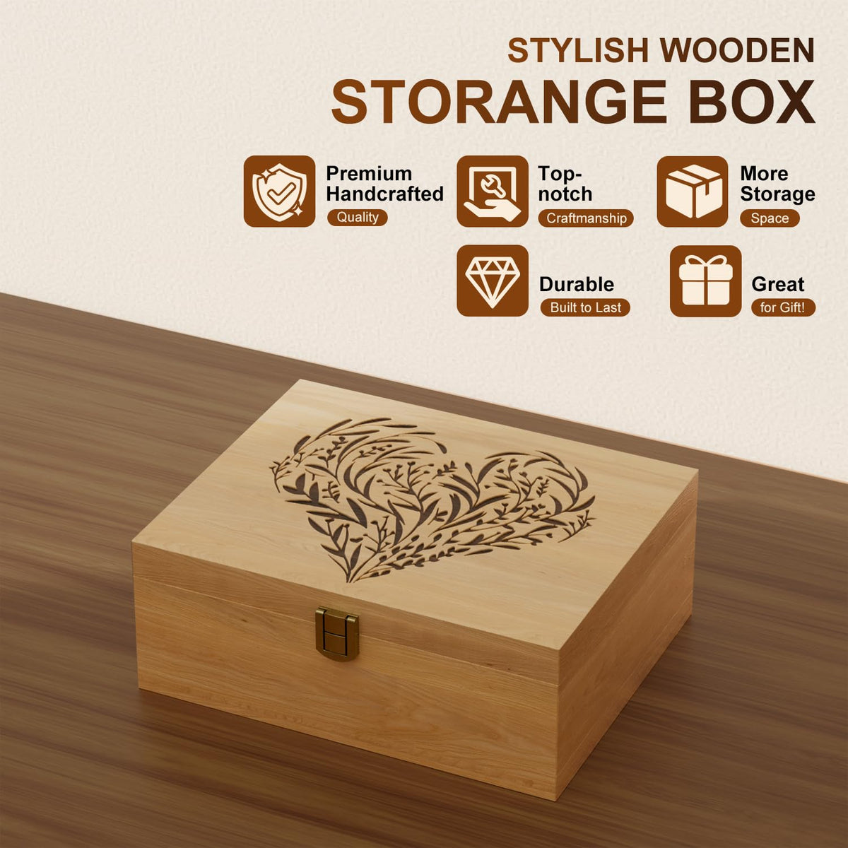 EDUROMI Memory Keepsake Wooden Box, Floral Heart Engraved Keepsake Boxes with Lids, Memory Box for Keepsakes for Anniversary, Wedding, Memory, Birthday, Valentines Day, Wood Box for Office or Home