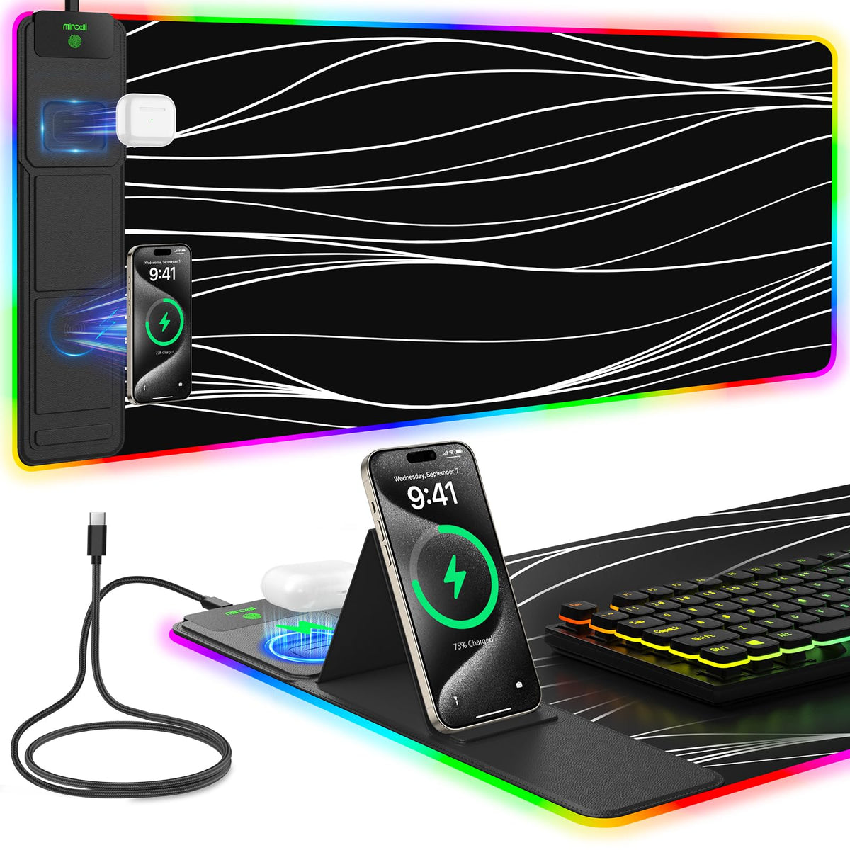 Mouse Pad with Foldable Phone Holder & Wireless Charger, XXL RGB Gaming Mousepad 31.5"x15.8" Large Desk Mat for Keyboard, Black Desk Pad with Dual Qi Charging Station | 11 Colors 5 Modes | Waterproof