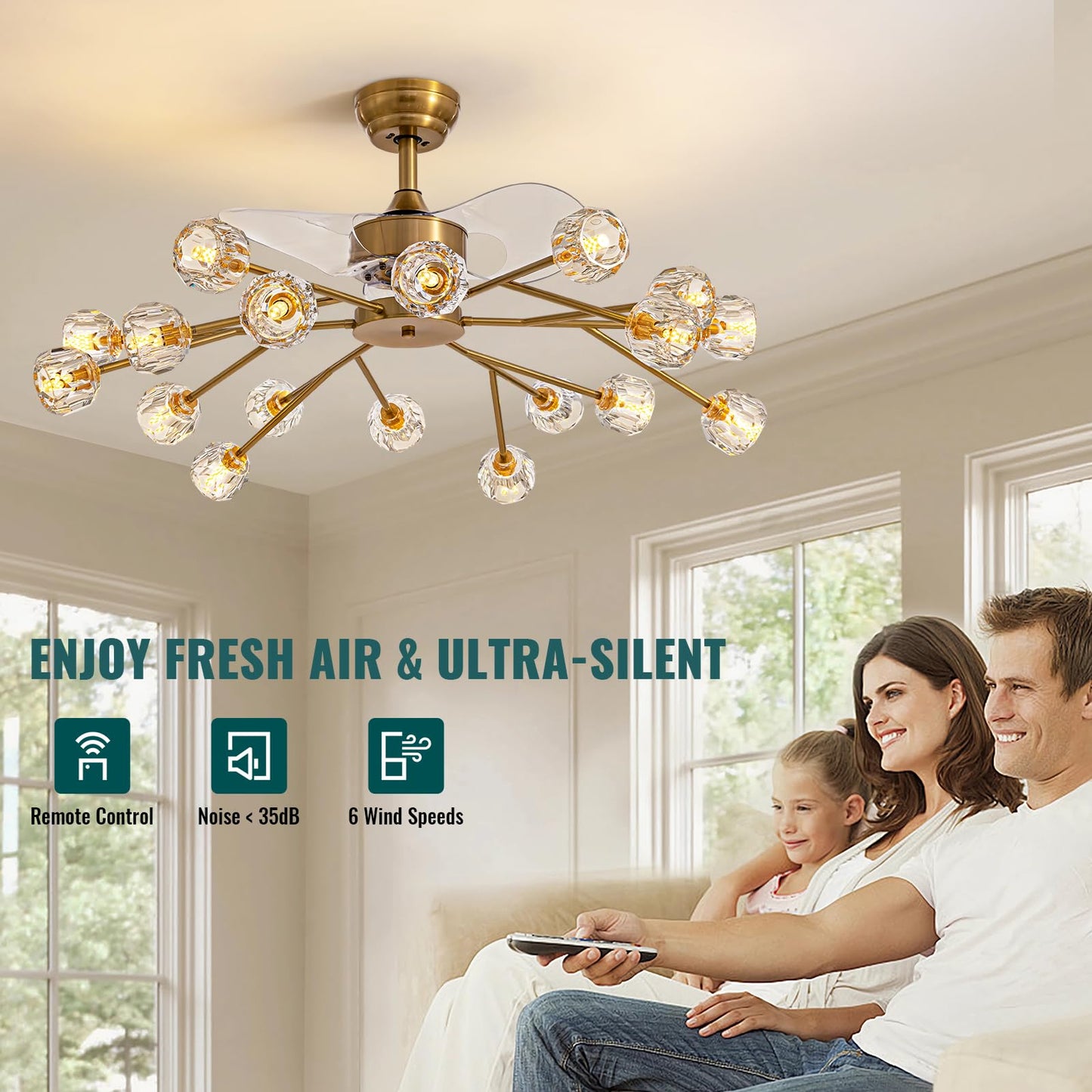 Siljoy 18 Lights Modern Crystal Ceiling Fan Light and Remote Control, Farmhouse Brass Gold Sputnik Crystal Fandelier, Reversible Ceiling Fan Light Kit for Living Dining Room Bedroom 42 Inches
