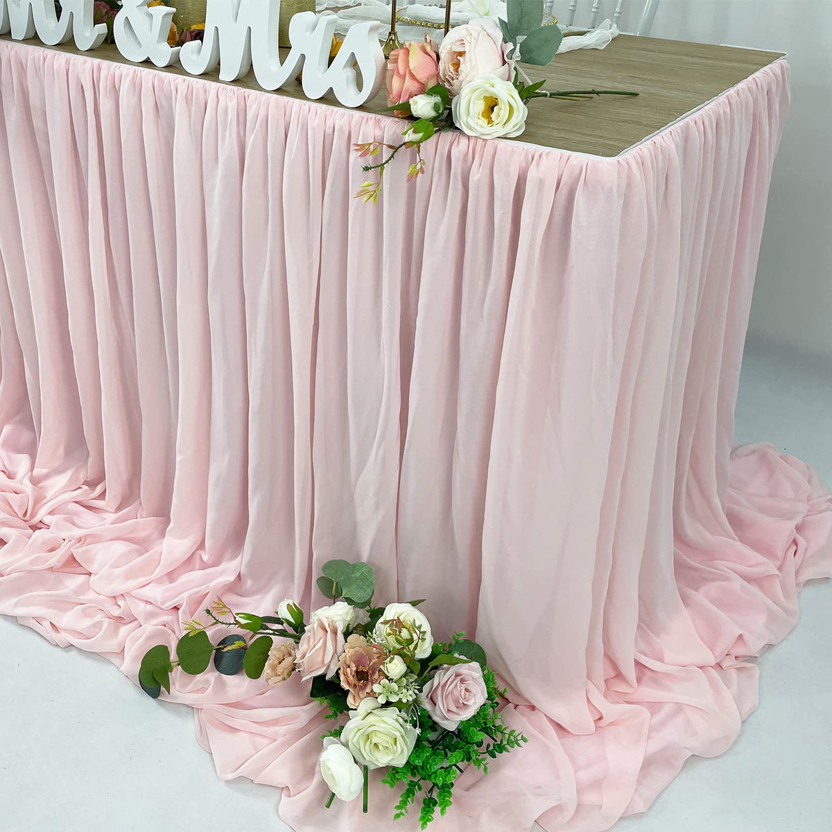 EHLDekol Pooling and Floating Chiffon Table Skirt, 6FT 9FT 14FT Sheer Tablecloth, Baby Shower, Birthdays, Wedding Table Skirt (Blush Pink, 9FT)