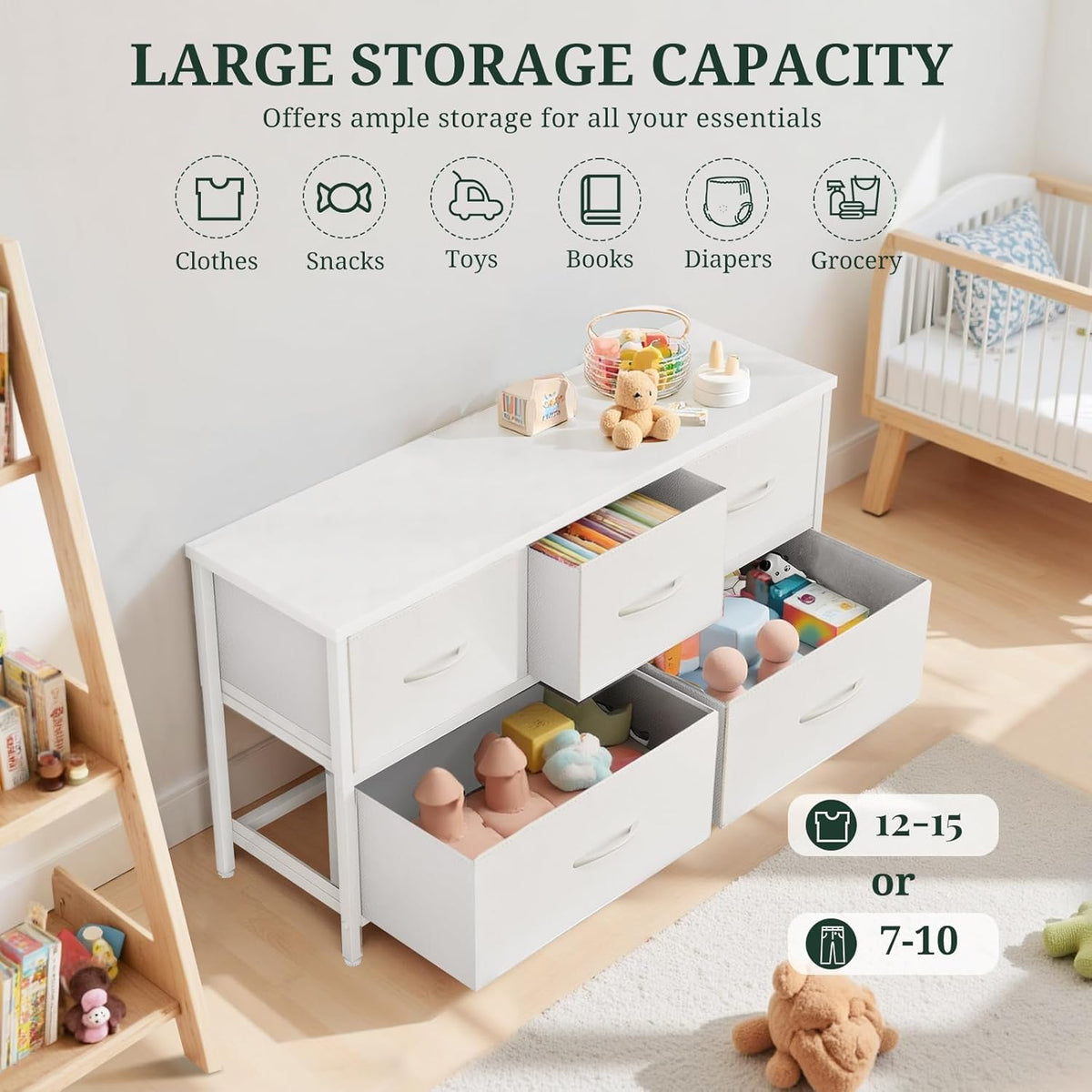 Regine Switzerland 5-Drawer Dresser - Anti-Tip Fabric Storage Organizer with Wooden Top | White Finish for Bedroom & Living Room