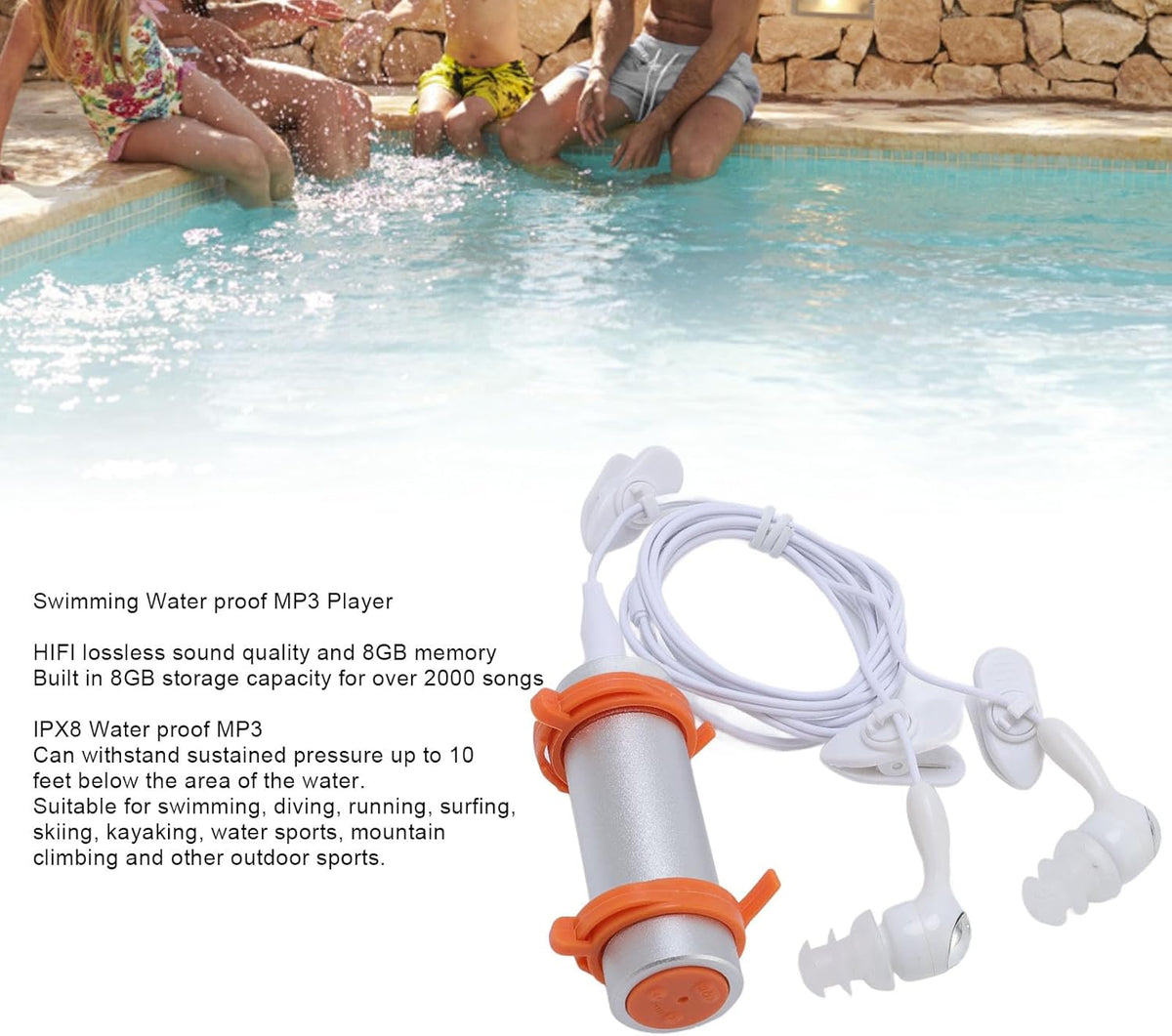 Swimming MP3 Swimming FOSA Water Proof Player, HiFi Music Player with Water Proof Earphones for and Diving. Adjustable