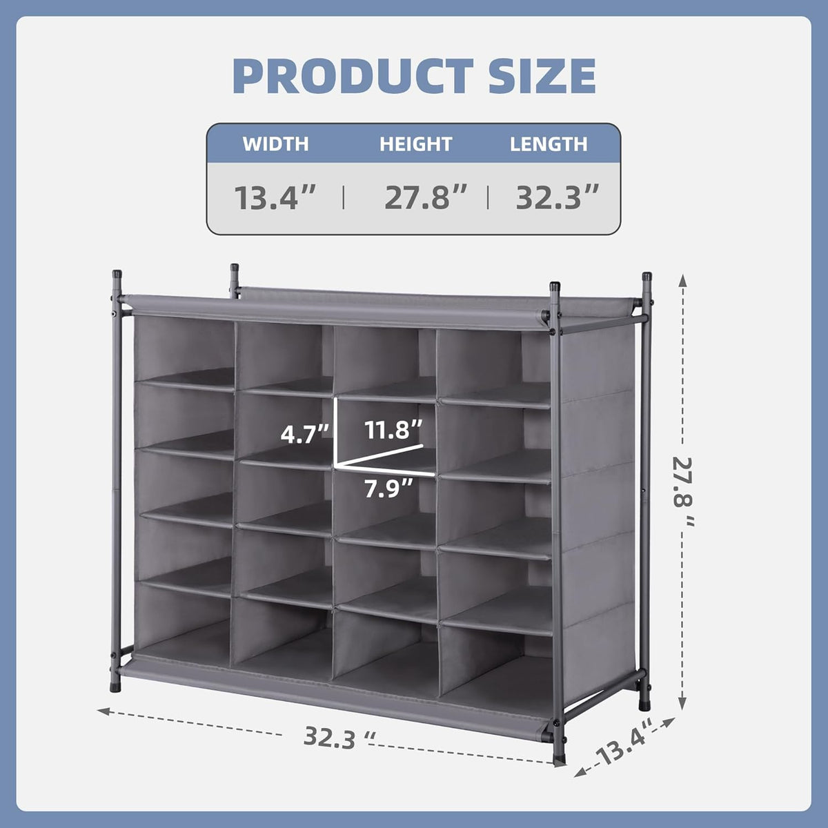 Storage Maniac Stackable Shoe Cubby Organizer - 20-Cube Gray Free-Standing Rack for Entryway & Closet