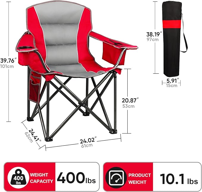 Northroad 2 Pack Oversized Camping Chair, Padded Portable Chairs Heavy Duty Camping Folding Chairs w/Cooler Bag & Cup Holder, Support 400 LBS for Outdoor, Fishing & Garden (Red & Black)