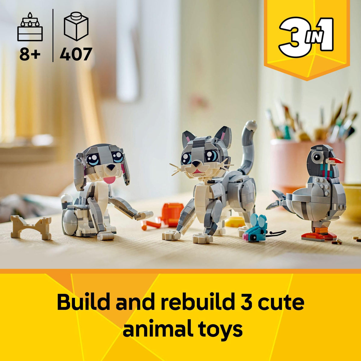 LEGO Creator 3 in 1 Playful Cat Toy - Building Toy with 3 Building Options, Cat, Dog, or Pigeon - Birthday Gift for Kids - Animal Figures for Kids, Girls and Boys, Ages 8+ - 31163