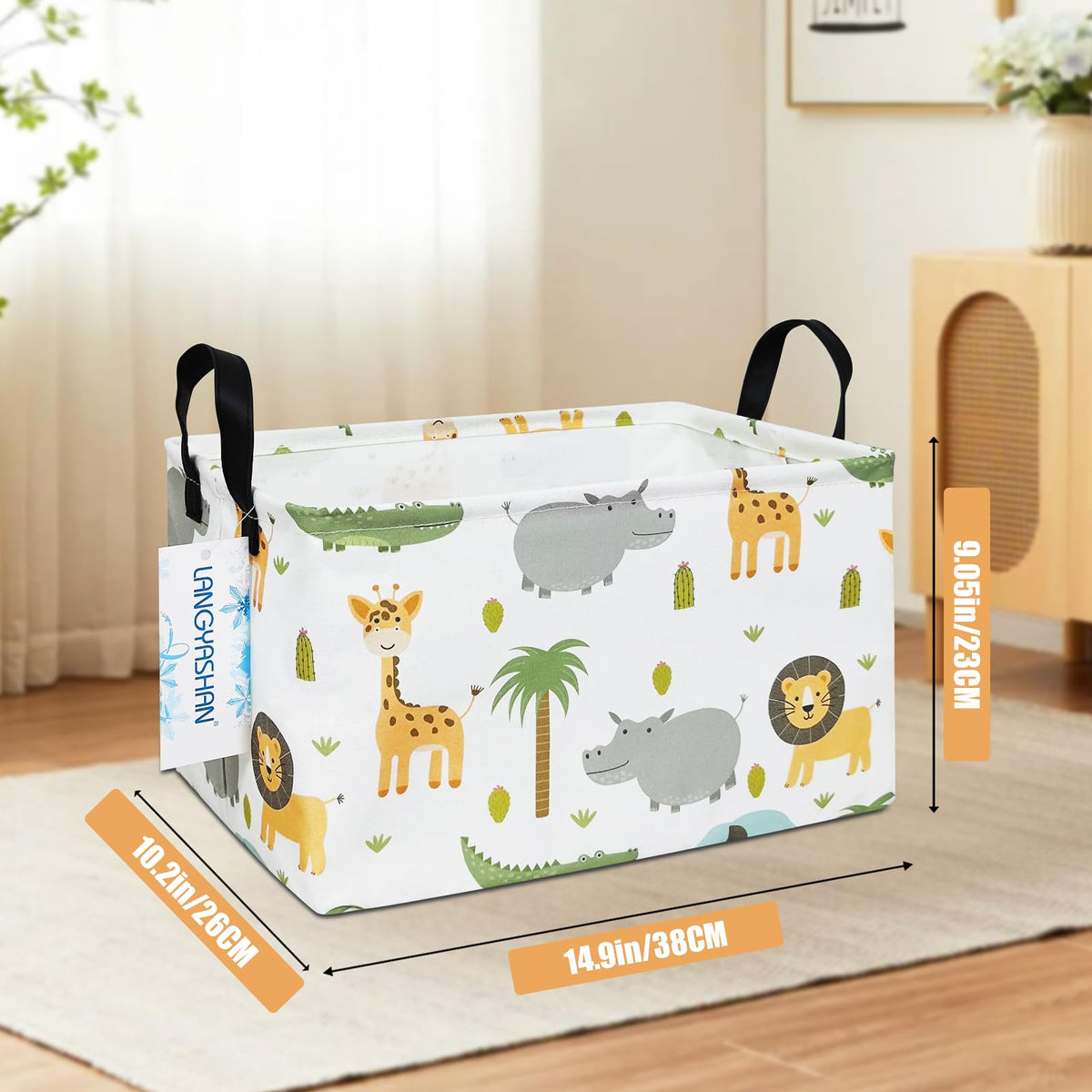 LANGYASHAN Rectangular Storage Bin Collapse Canvas Fabric Cartoon Storage Basket with Handles for Organizing Home Kitchen Boys and Girls Toys Office Closet Shelf Baskets (Rec animal)