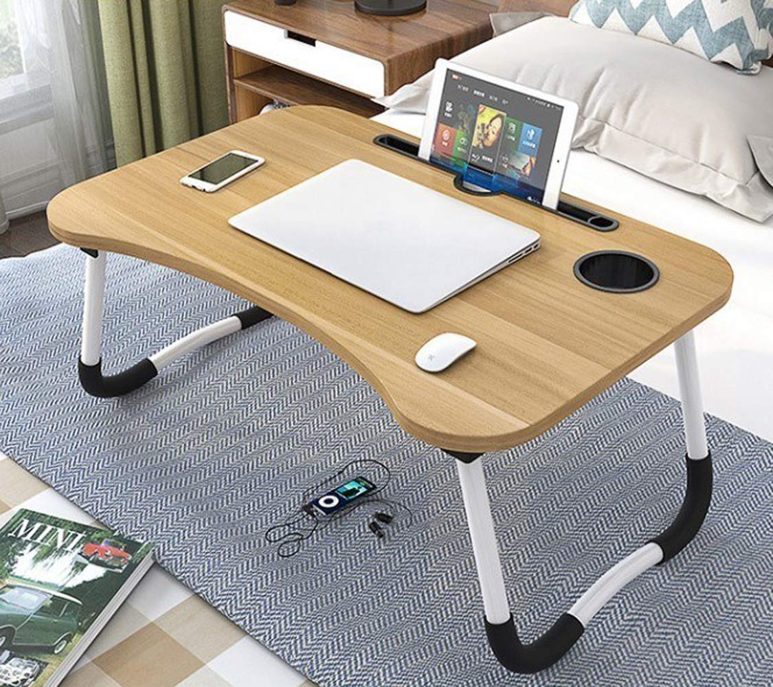 Lap Desk with Storage Drawer, Holders for Cup and Tablet, Laptop Bed Tray Table with Foldable Legs, Laptop Bed Stand, Portable Standing Table for Sofa Couch Floor (23", Walnut)