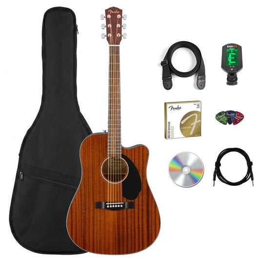 Fender CD-60SCE Solid Top Dreadnought Acoustic-Electric Guitar - All Mahogany Bundle with Gig Bag, Instrument Cable, Tuner, Strap, Strings, Picks, Polishing Cloth and Austin Bazaar Instructional DVD