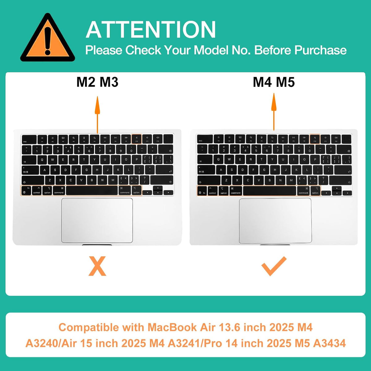 MOSISO 13.6 inch 2025 M4 A3240/Air 15 inch 2025 M4 A3241/Pro 14 inch 2025 M5 A3434, Keyboard Cover Skin Compatible