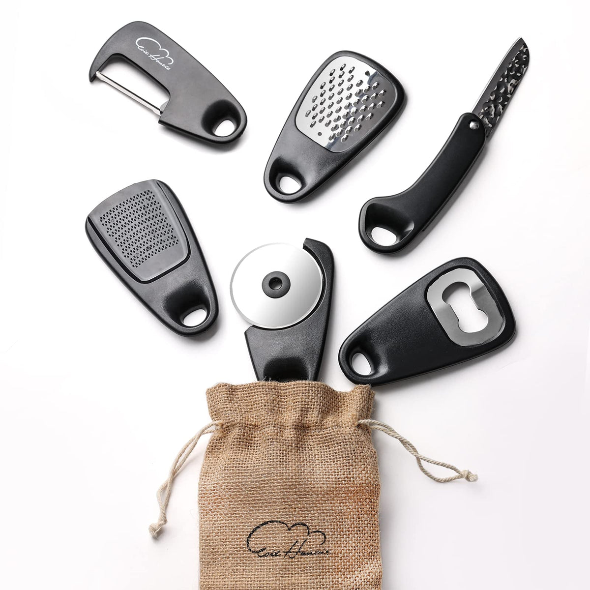Kitchen Gadgets Set 6 Piece, Space Saving Kitchen Utensils Stainless Steel Accessories Cheese Grater, Bottle Opener, Pizza Cutter, Vegetable Peeler, Paring Knife, Garlic Grinder, Burlap Bag Gift(BLK)