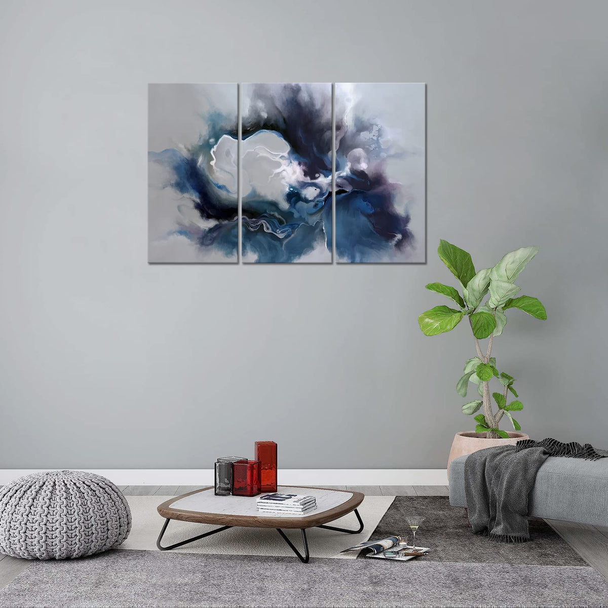 Blue and Grey Wall Art-Abstract Picture 3 Piece Canvas Print Wall Painting Modern Artwork Canvas Wall Art for Living Room Home Office Décor