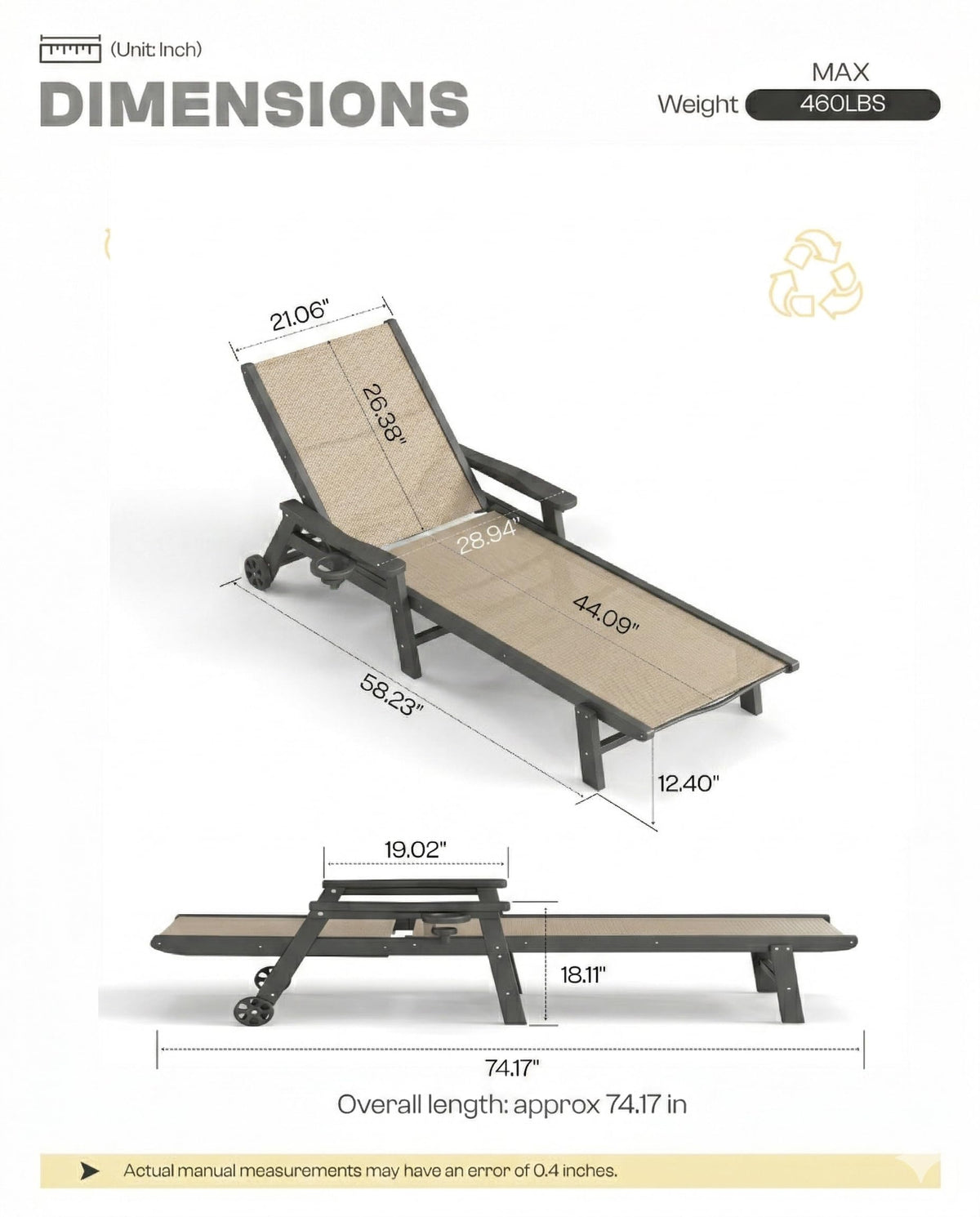 Tobeos Patio Chaise Lounge Chairs with Wheels & Cup Holder, All-Weather HDPE & Textilene Outdoor Pool Lounge Chairs, Grey Frame, Khaki Textilene, Set of 2