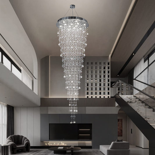 APBEAM Modern Large Crystal Chandelier for High Ceilings, Raindrop Round Large Foyer Chandelier, Luxury Flush Mount Ceiling Light Fixture for Stairse Entryway Living Room Dia 32" x H 96"-12 Lights