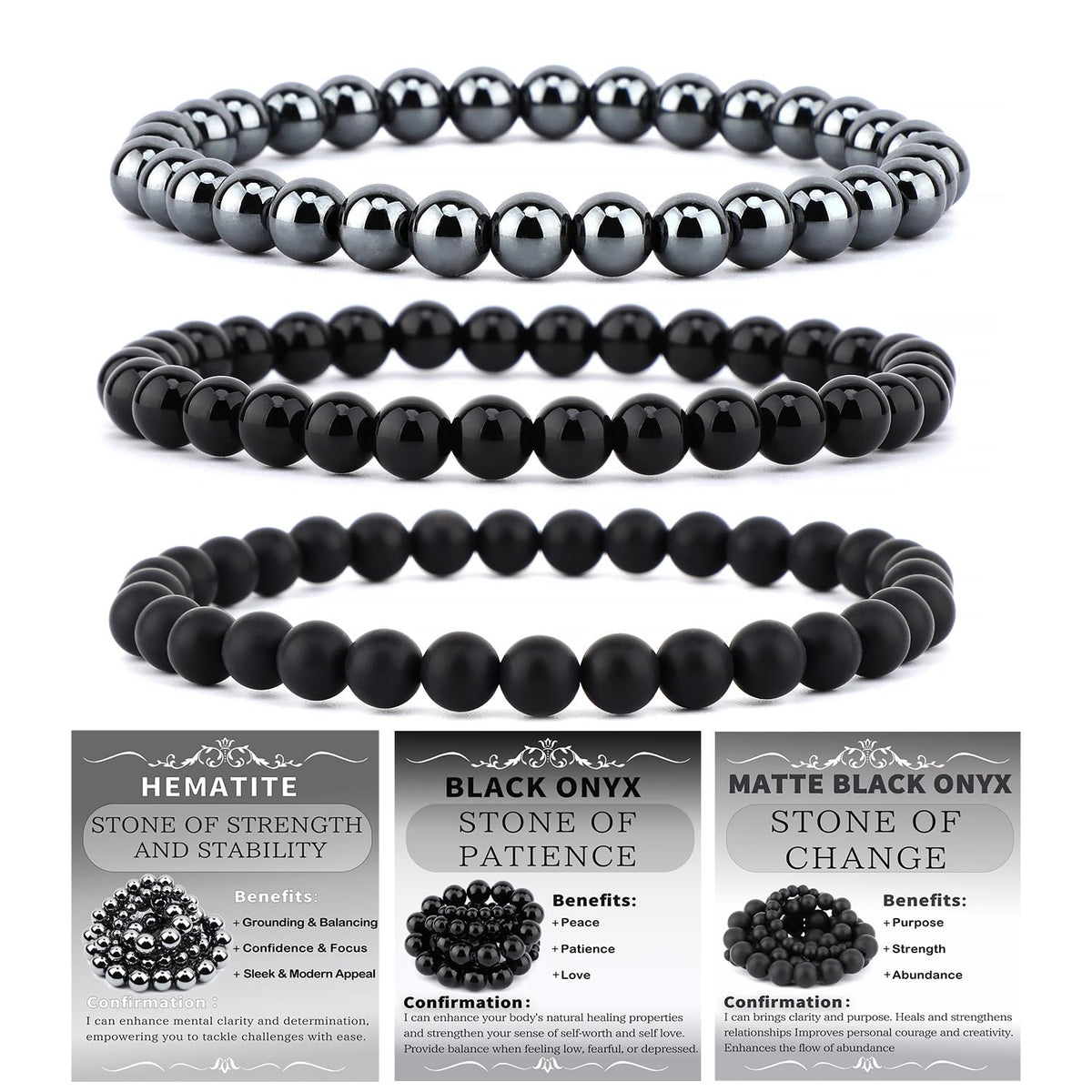 NCB 3-Piece 6mm Natural Crystal Gemstone Stretch Bracelets – ﻿Black Onyx, Hematite, Matte Black Agate Handmade Reiki Energy Healing Jewelry for Meditation,Yoga, Unisex