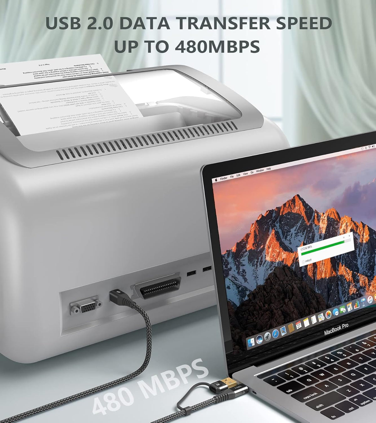 2-in-1 [2-Pack, 6.6FT] USB-A/C to USB-B Printer Cable USB C MIDI Cable Nylon Braid High-Speed Printer Cord for MacBook