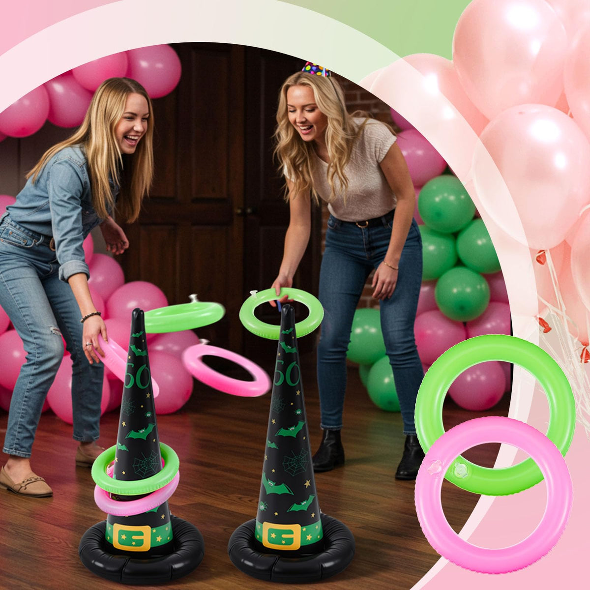 Leitee 10 Pcs Inflatable Witch Hat Ring Toss Game Set Carnival Pink and Green Inflatable Ring Toss for Witch Themed Birthday Party Decoration Indoors Outdoors(Macabre)