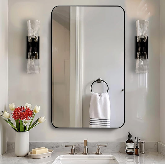 ANDY STAR 30”x48” Black Bathroom Mirror, Wall Mirror for Bathroom, Rounded Rectangle Mirror in Premium Stainless Steel Metal Frame Hangs Horizontal Or Vertical (Matte Black)