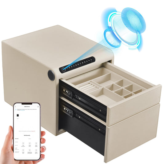 VALINIRT Jewelry Safe with Drawers，Biometric Fingerprint safe, Slide-Away Handgun Safe for Pistols, Leather Wrapped Jewelry Storage Safe, Digital Keypad & Quick-Access Drawer(White- 2 Drawer)