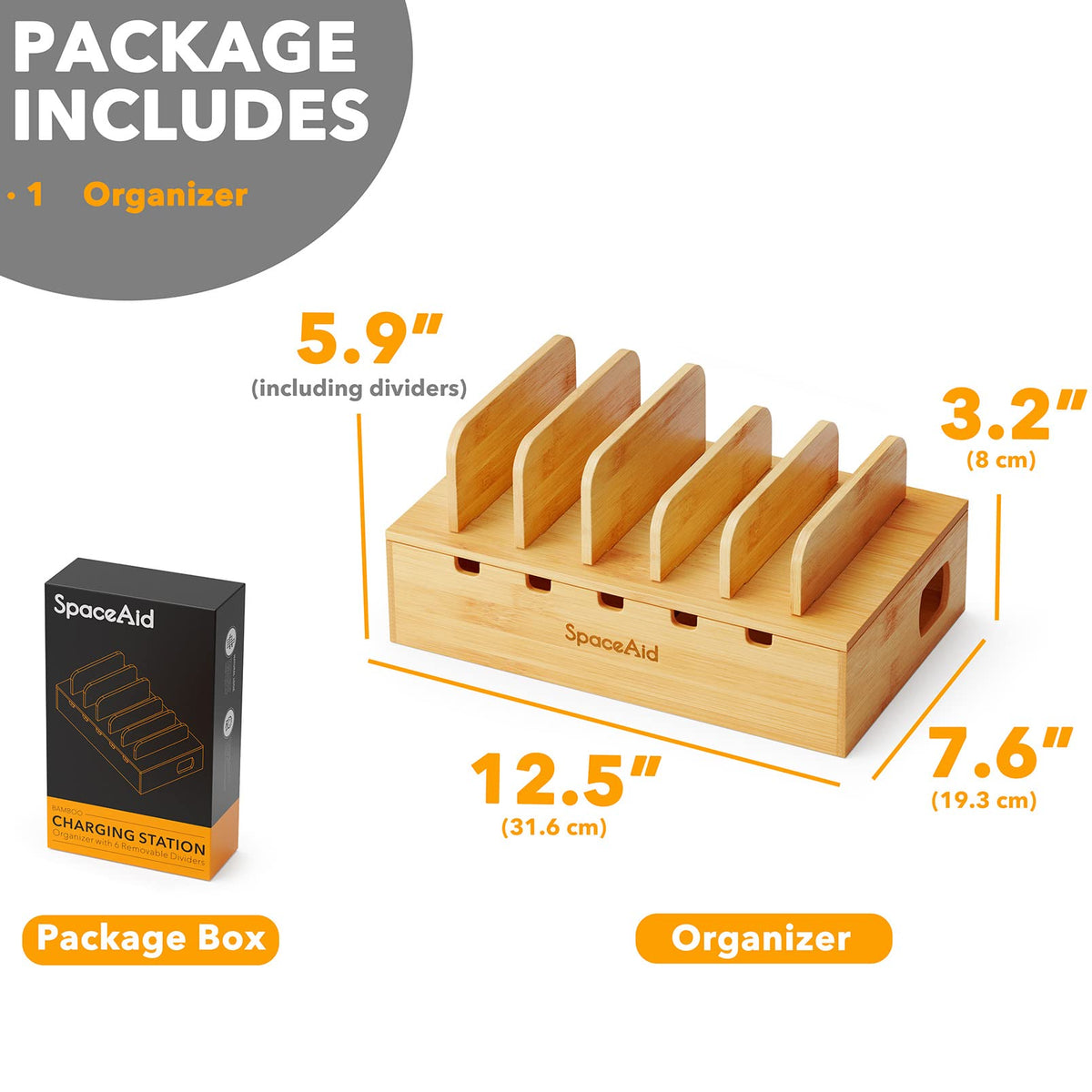SpaceAid Bamboo Charging Station for Multiple Devices, Cell Phone Docking Stations for Multi Laptop, Tablets and iPads, Nightstand Bedside Desk Device Charger Organizer (Natural)