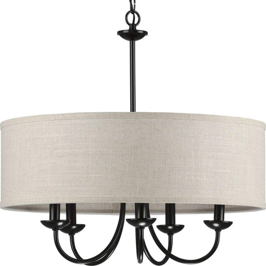 Progress Lighting Drum Shade Collection Five-Light Chandelier, Farmhouse Style Hanging Ceiling Light Fixture for Dining Rooms, Foyers, Harvest Linen Shade, Matte Black