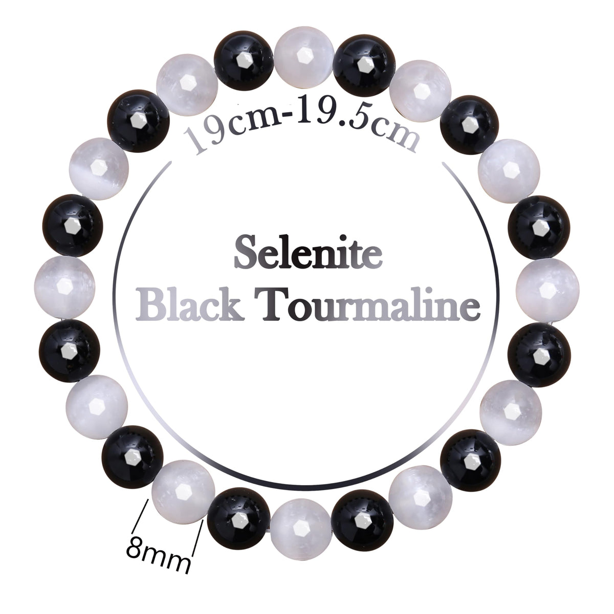 BONNY BOXX Mixed 8mm Natural Stone Bracelet for Purification, Handmade Stretch Selenite Black Tourmaline Bracelet Adjustable Crystal Healing Jewelry for Unisex Spiritual Gift