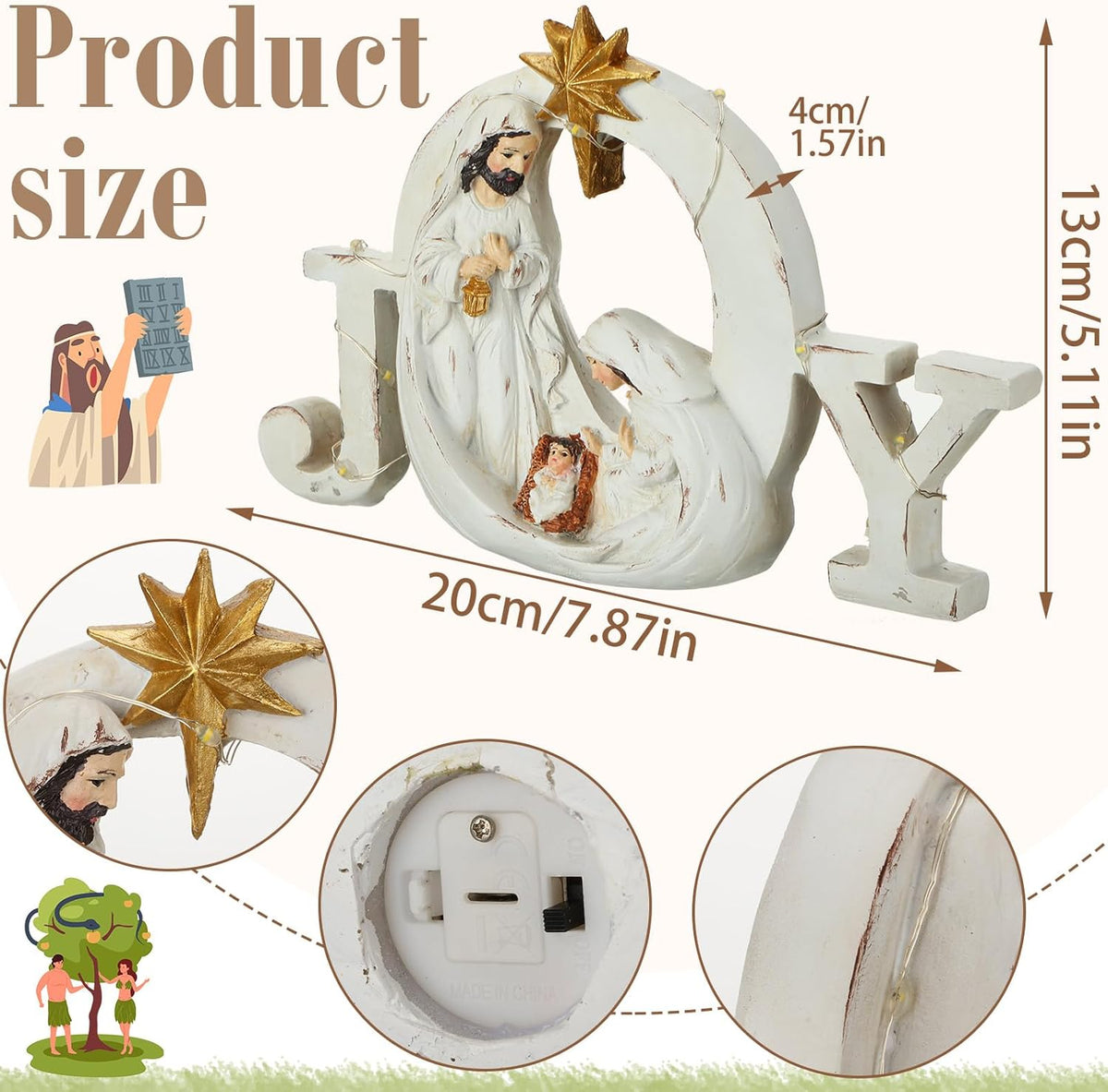 Soaoo Christmas Nativity Scene - LED String Lights & Holy Family Figure Set | Indoor Tabletop Decor