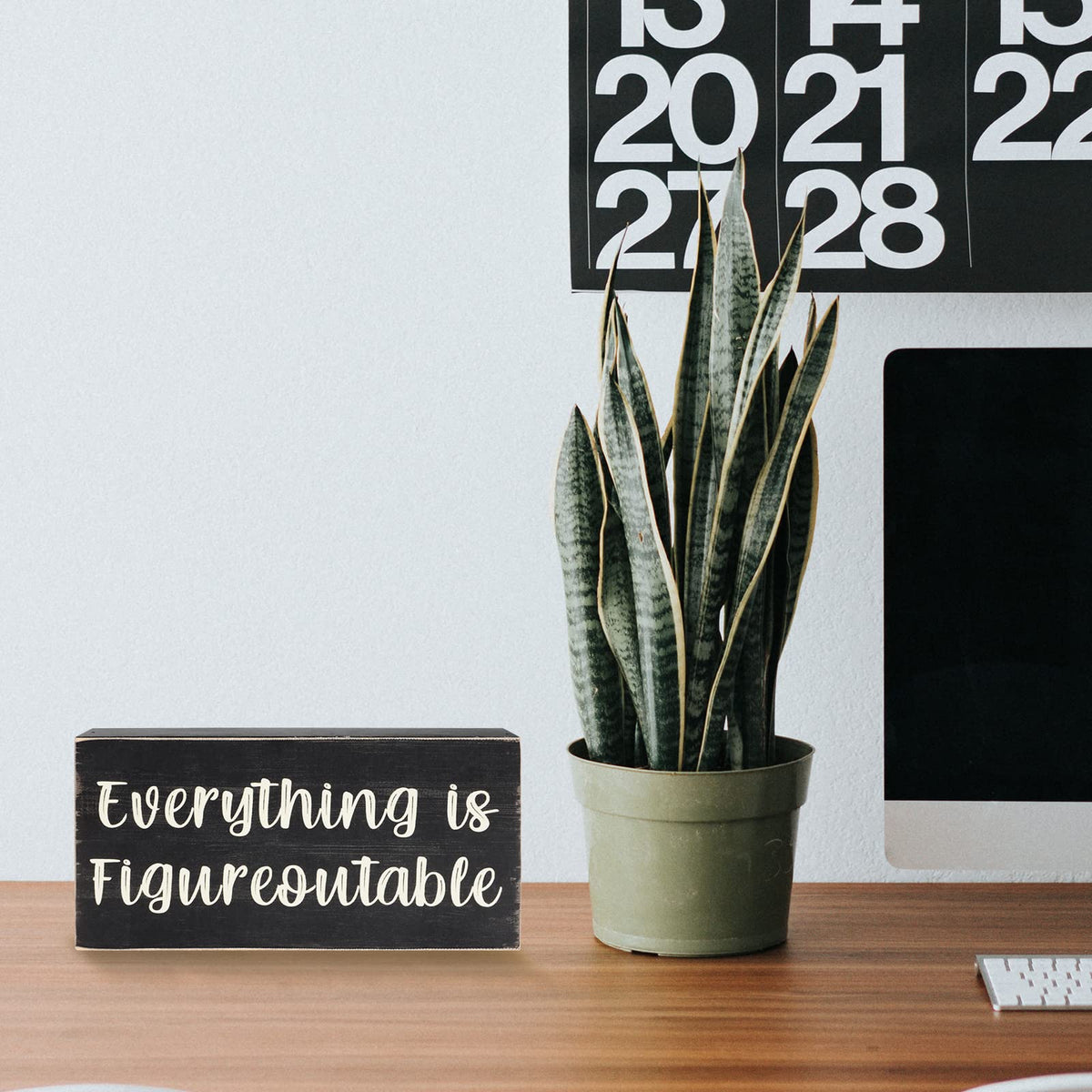 Esur Home Office Desk Black Decor - Inspirational Farmhouse Wooden Box Sign - Everything is Figureoutable