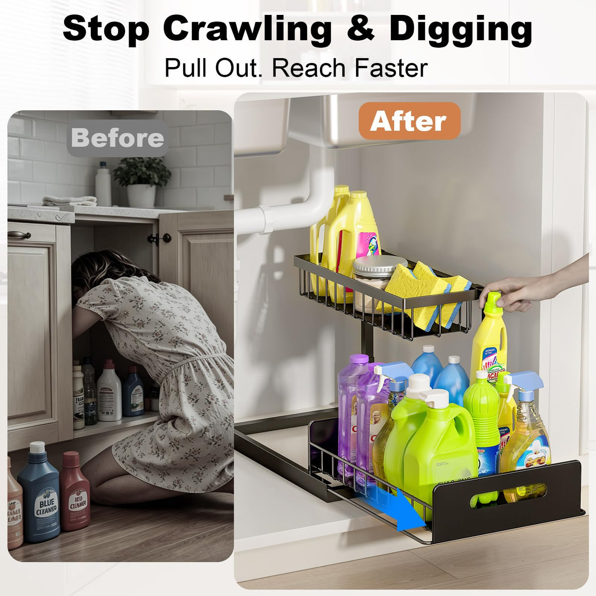 REALINN Under Sink Organizer, Pull Out Cabinet Storage 2 Tier Slide Out Sink Shelf, Kitchen Organizers and Storage, Black, 1 Pack