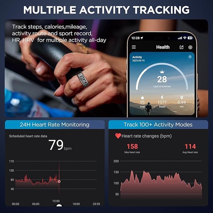 Smart Ring Health Tracker with Display Screen, Sleep Tracker Ring with Heart Rate, Fitness Ring Step tracker for Activity Monitoring/Steps/Calories,Wireless Charging, for iOS Android (Silver,11#)