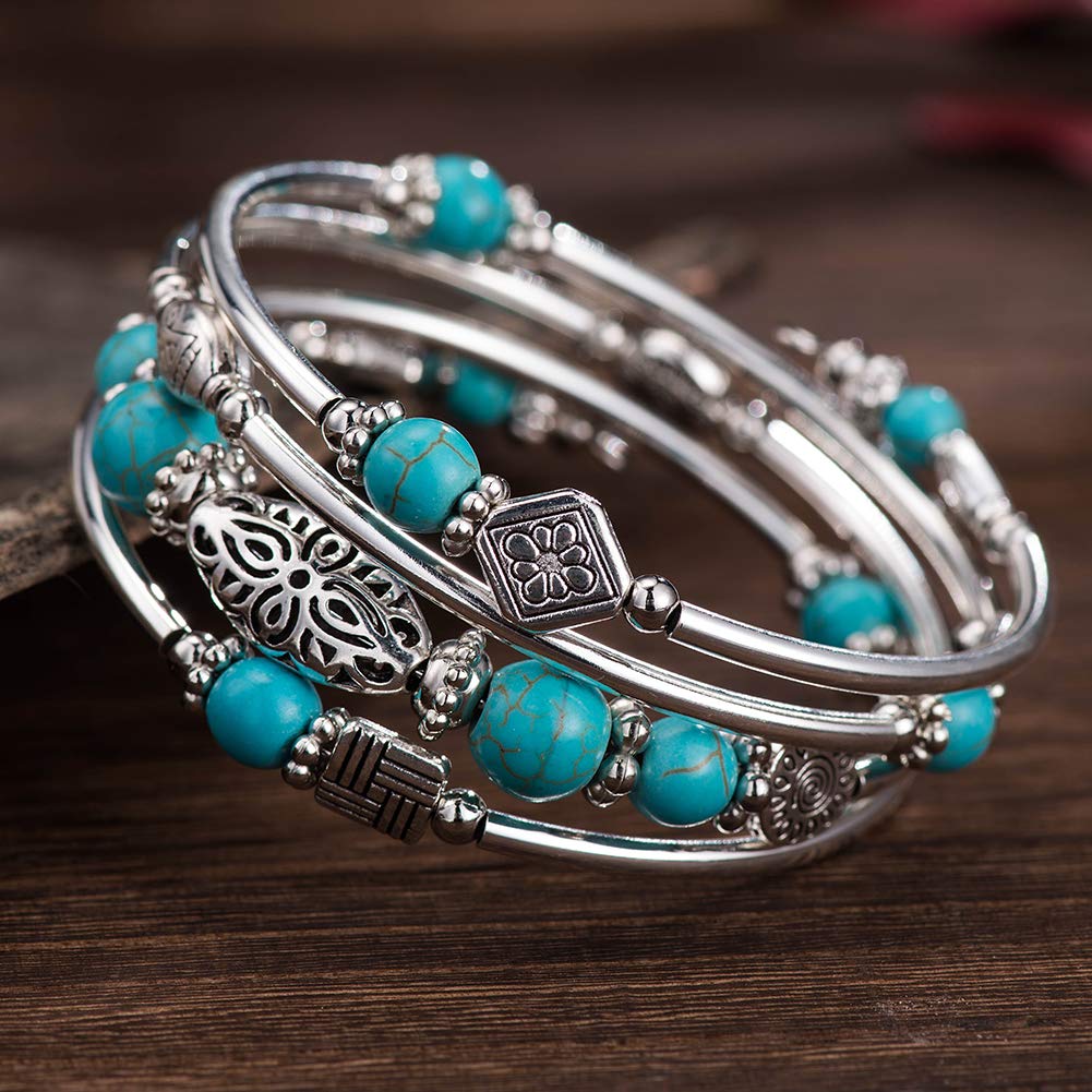 BULINLIN Layered Wrap Bangle Turquoise Bracelet - Bead Bracelet with Natural Agate Stone, Gifts For Women (01-Turquoise)